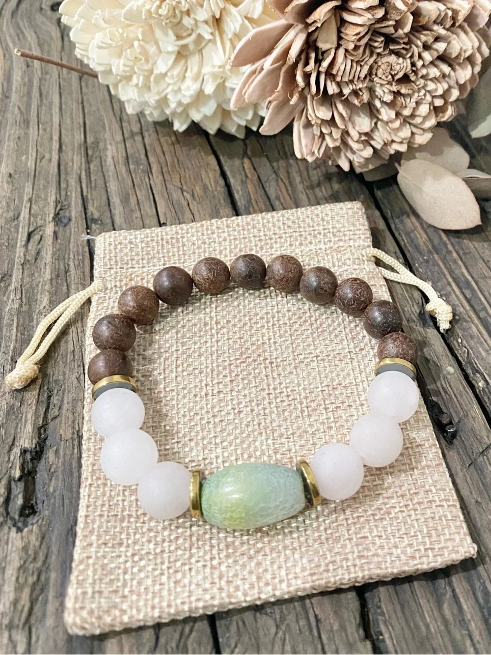 Sandalwood and Quartz Bead Stretch Bracelet, Gold & Green Glass Accents